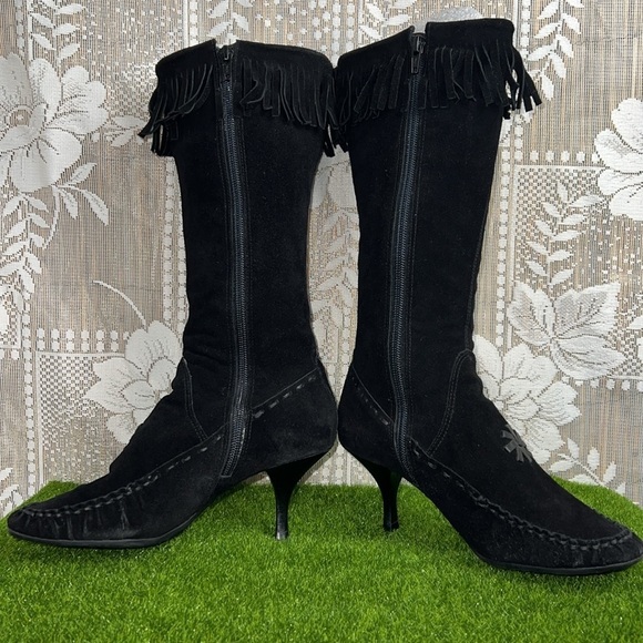Bronx Vintage Boho Suede Gypsy Moccasins Fringe Tassel Kitten Heel Boots - Picture 7 of 14